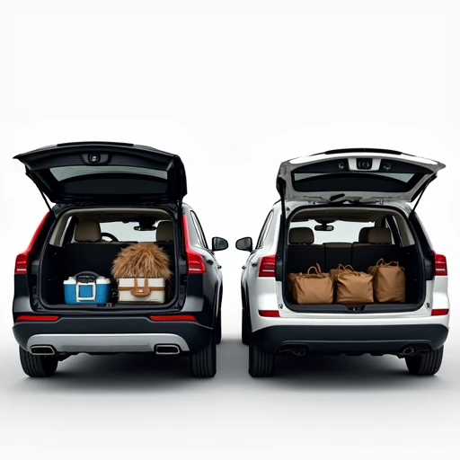 Side-by-side cargo comparison of a two-row SUV fitting a stroller, cooler, and groceries behind the second row versus a three-row SUV with minimal space behind the upright third row.