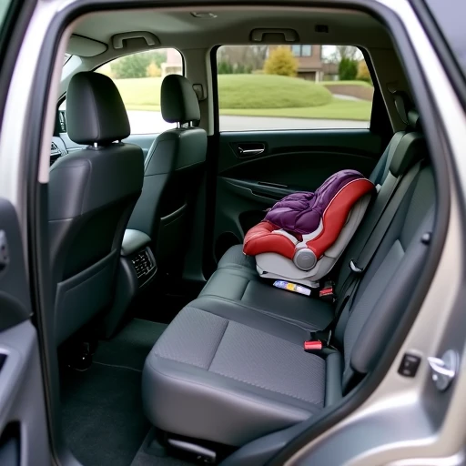 Third-row SUV access blocked by rear-facing child car seat in second row Midsize three-row family SUV with rear-facing child car seat installed on second row blocking full third-row access showing narrow gap and daily frustration of reaching the way-back seats with car seats in place.