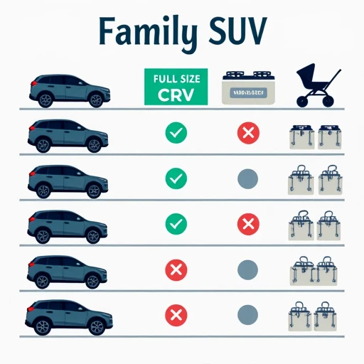 Comparison chart showing ten popular family SUVs tested on whether they fit a full-size stroller, a mid-size cooler, and six grocery bags simultaneously behind the second row.
