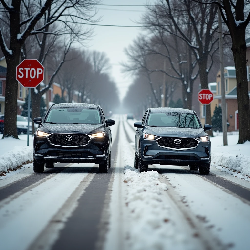 FWD SUV with winter tires stopping safely vs AWD SUV with all-season tires sliding on snow