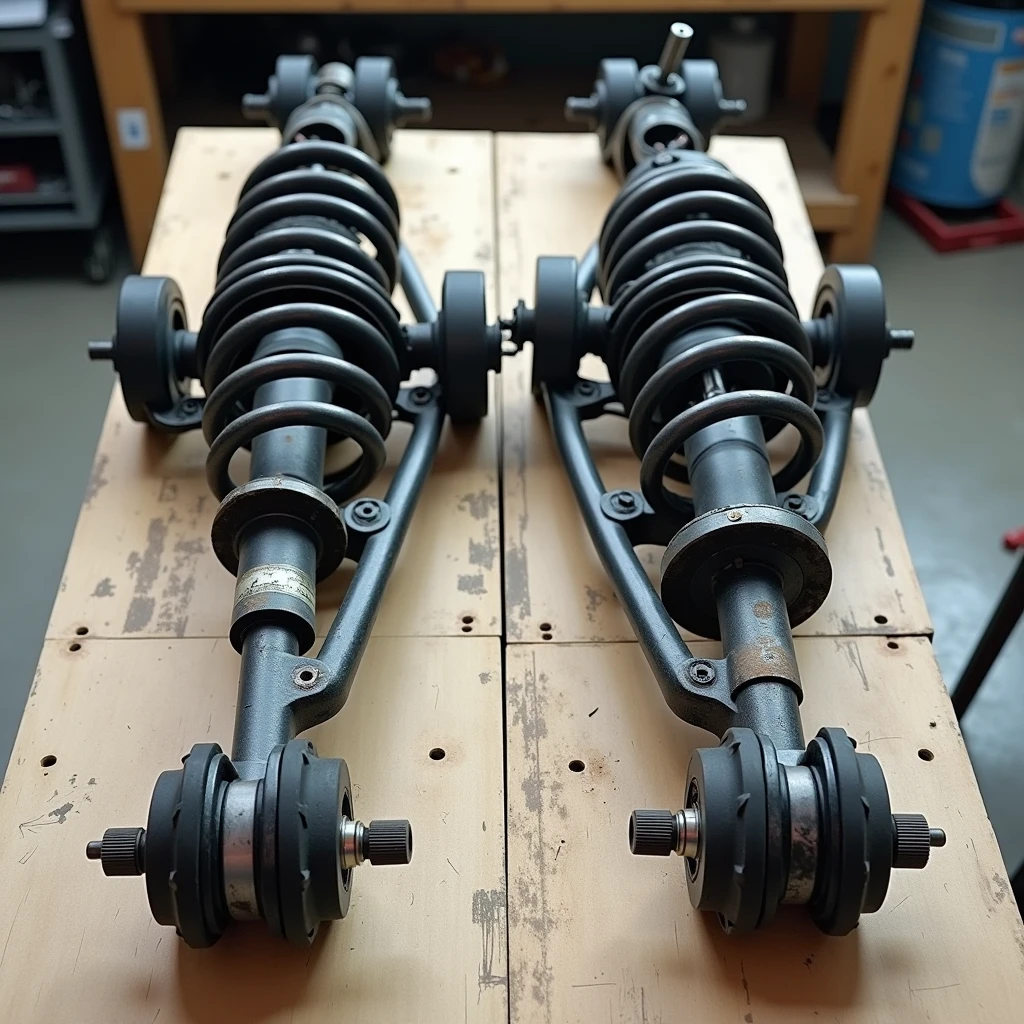 Two identical family SUV front suspension assemblies compared on a workbench
