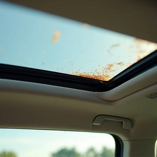 Panoramic sunroof water leak stain on SUV headliner after 60,000 miles Panoramic sunroof water leak damage showing a visible water stain spreading across the interior headliner fabric near the glass edge in a family SUV with over 60,000 miles.