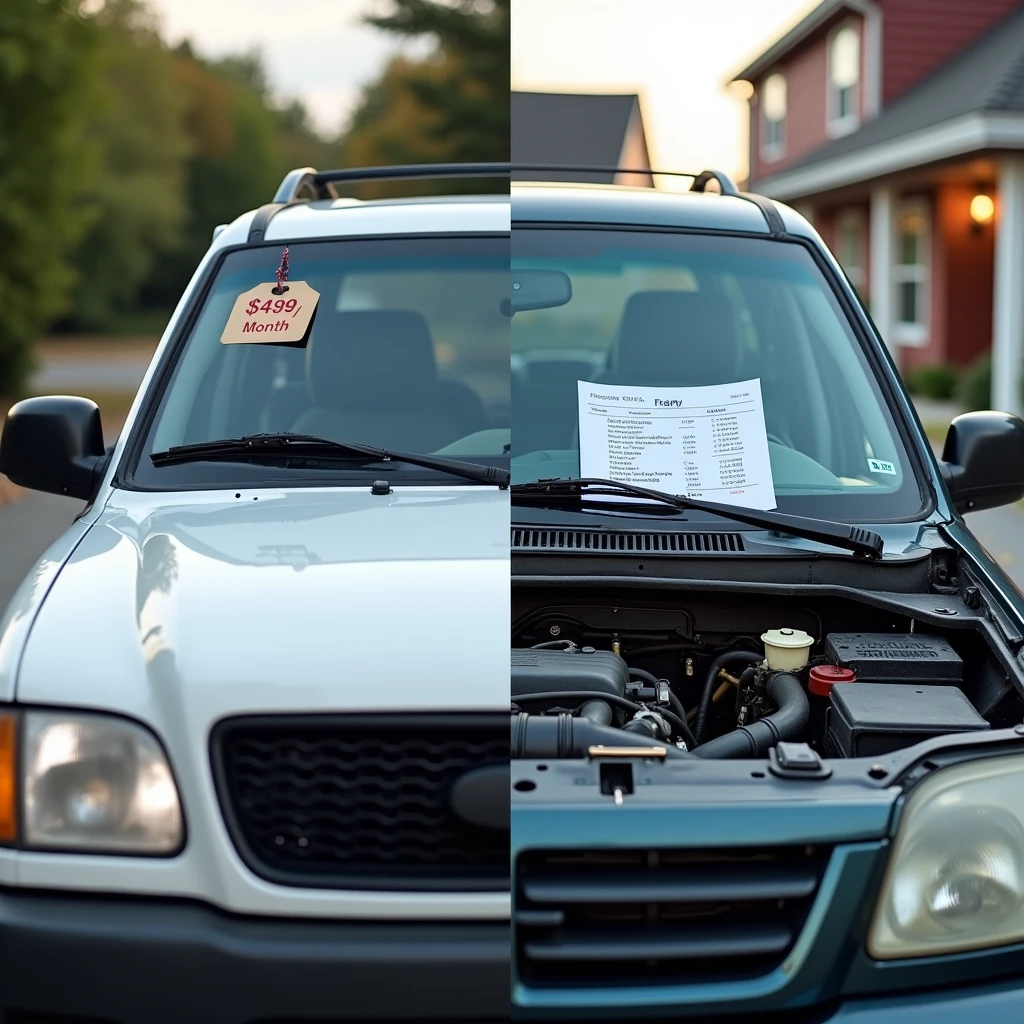 A new family SUV with a monthly payment tag in a driveway versus the same SUV years later at a repair shop with hood open and loan statement still on the dashboard illustrating the hidden cost of long-term car loans.