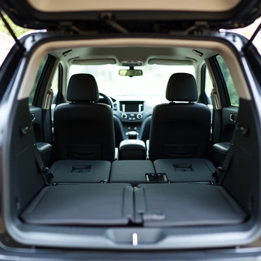 Three-row SUV cargo space behind third row with child seats installed Midsize three-row family SUV with third-row seats up showing cramped cargo area behind with barely enough space for a few backpacks while two child car seats occupy the second row.