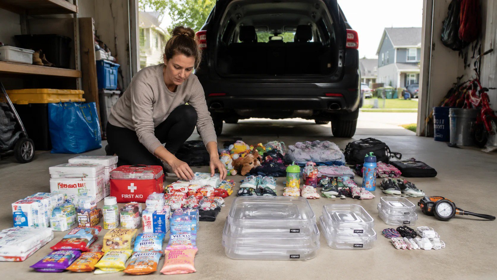 Parent sorting family SUV contents on garage floor with three empty clear hard-shell organizer pouches of different sizes lined up, ready to assign categories before reloading the vehicle.