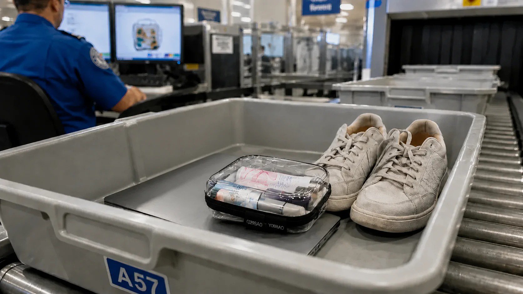 Clear hard-shell toiletry pouch inside a TSA screening bin at airport security, with travel-sized toiletries visible through the transparent case, no unzipping required for inspection.